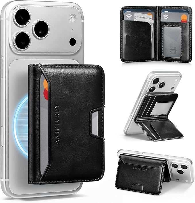 Antsturdy for Magsafe Wallet Stand with Holder,PU Leather RFID Blocking Card Holder,5 Card Slots,Strong Magnet Minimalist Flip Folio Kickstand for iPhone 17/16/15/14/13/12/Pro/Max/Plus/Air,Black