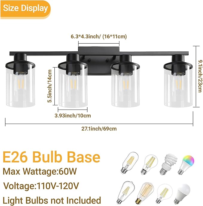 LOUSACE 4 Light Bathroom Vanity Light, 27" Black Vanity Lighting Fixture Over Mirror with Clear Glass Shade, E26 Base