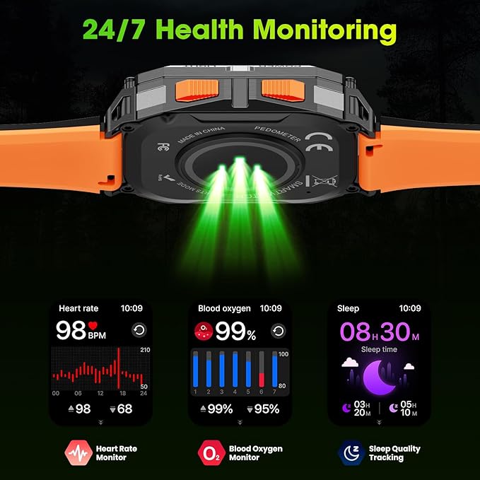 Smart Watches for Men, 2.01" HD Military Smart Watch with 1000mAh High-Capacity Battery/Led Flashlight/Answer/Make Call/Heart Rate/Sleep Monitor/Step Tracker, Fitness Tracker for Android/iPhone