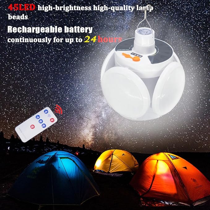 [4000mah] Folding Solar Camping Lights Rechargeable Lantern Waterproof Hanging Tent Hook Lamp Remote Control Blub LED USB Foldable Portable for Home Indoor Outdoor Emergency Power Outage 2 Pack