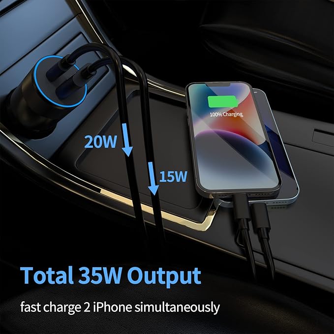 35W USB C Fast Car Charger [Apple MFi Certified] for iPhone 14 Pro/14 Pro Max/14 Plus, iPhone 13/12/11/Mini/XS/XR/8/SE, iPad, 20W PD3.0 Rapid Charging Adapter + 3Ft Type C to Lightning Cable Cord