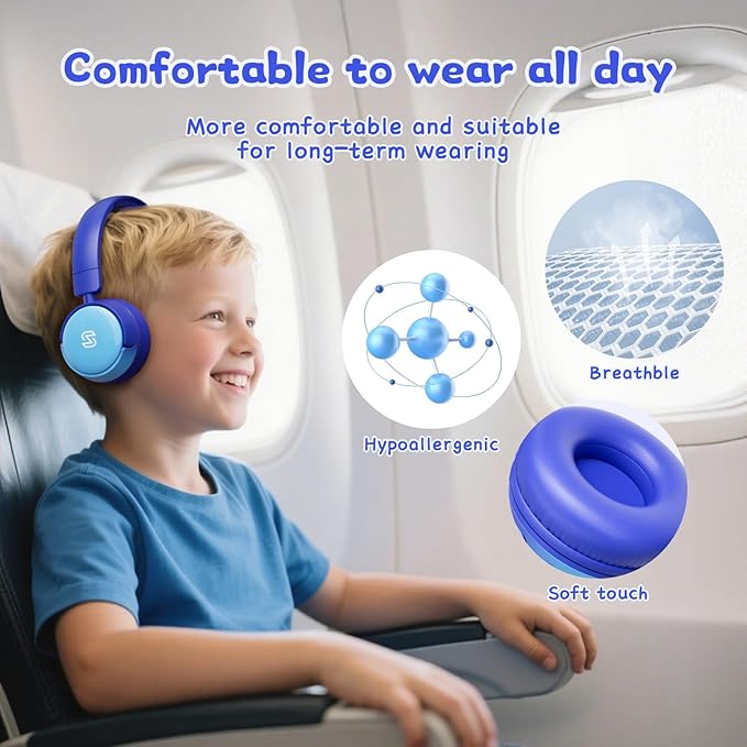 S62 Kids Bluetooth Headphones, Wireless Headphones for Kids Over Ear with Microphone, 85/94dB Volume Limiter Headset for Girls Boys, Foldable Headset for Learning & Entertainment-Blue