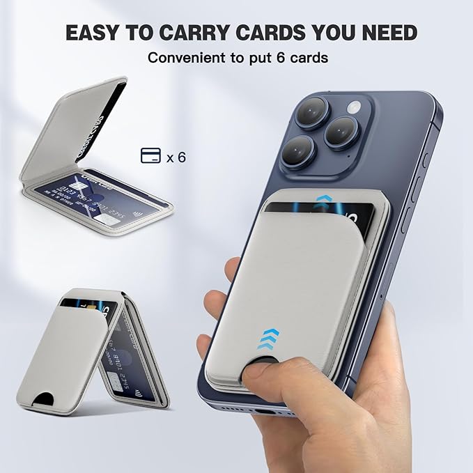 Mag-Safe Wallet Magnetic Wallet for iPhone Lightweight Magnetic Phone Wallet Stand Adjustable Leather Magnetic Card Holder for iPhone 16/15/14/13/12 Series, Size Not for iPhone Mini (Grey)