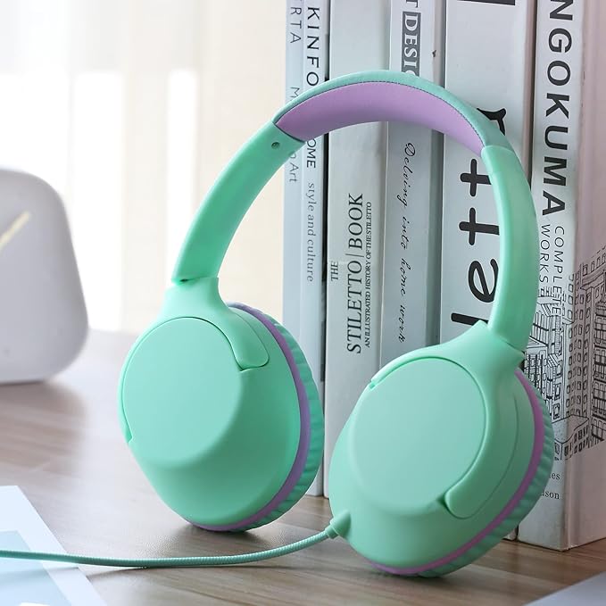 Kids Headphones Over-Ear Headphones for Kids/Teens/School with 94dB Volume Limited Adjustable Stereo 3.5MM Jack Wire Cord for Fire Tablets/Travel/PC/Phones(Mint Green)