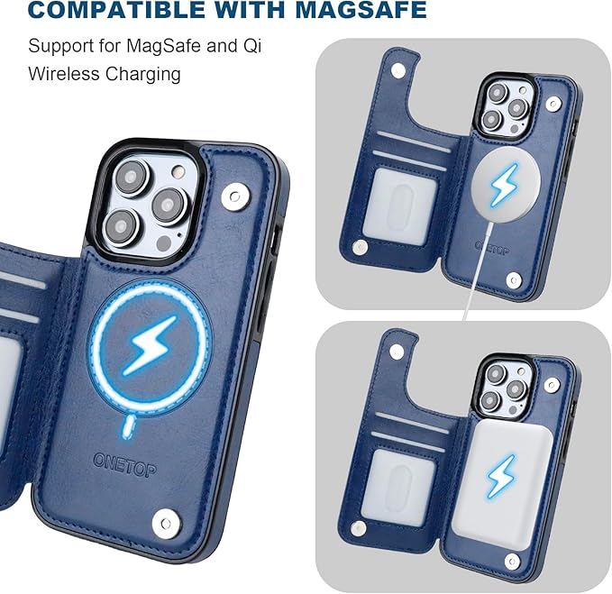 ONETOP Compatible with Magsafe for iPhone 13 Pro Wallet Case with Card Holder, PU Leather Kickstand RFID Blocking Case, Double Magnetic Clasp and Durable Shockproof Cover 6.1 Inch (Blue)