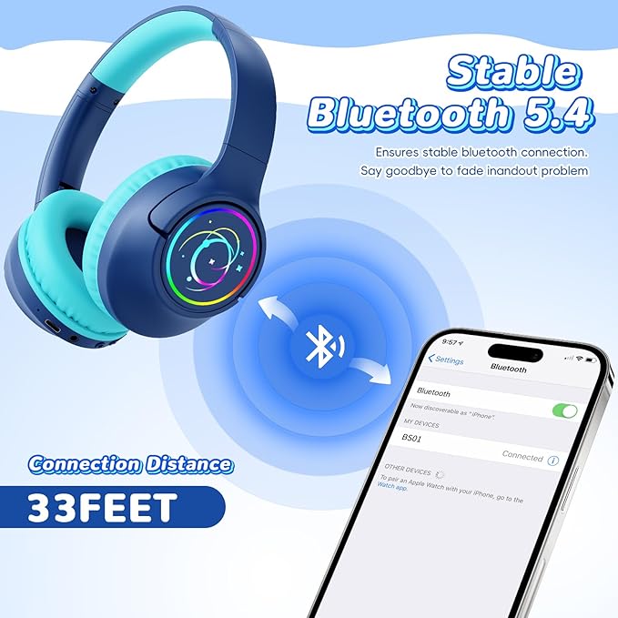 Kids Bluetooth Headphones, 85H Playtime Wireless Headphones for Kids, Colorful LED Lights, 85/94dB Safe Volume Limit, Bluetooth 5.4 Built-in Mic Toddler Headset for Tablet/Airplane (Navy Blue)