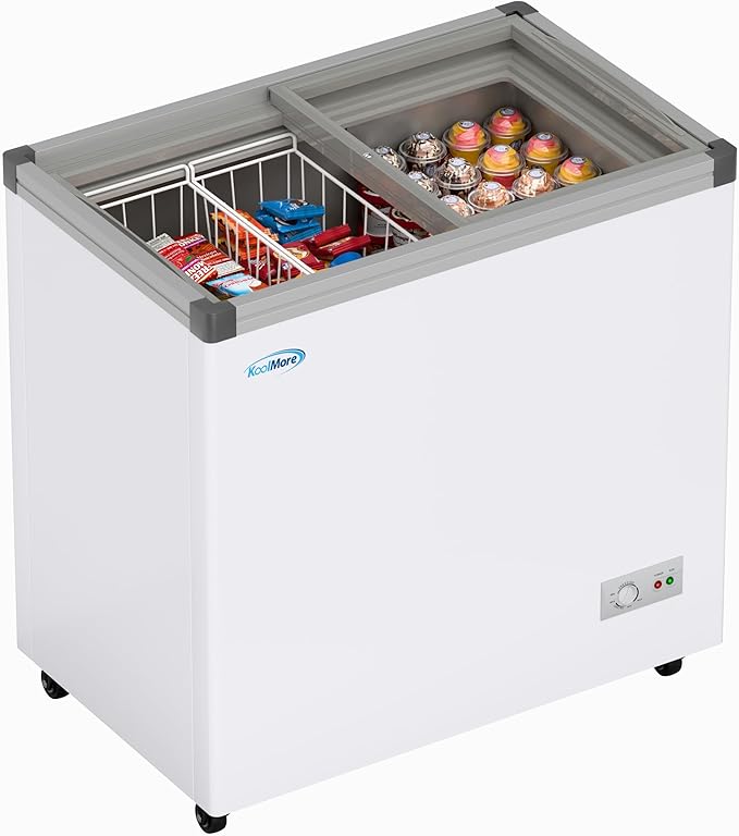 KoolMore 33 in. Flat‑Top Ice Cream Display Freezer, 7 Cu. Ft. Commercial Chest Freezer with Sliding Glass Doors, ETL Listed in White