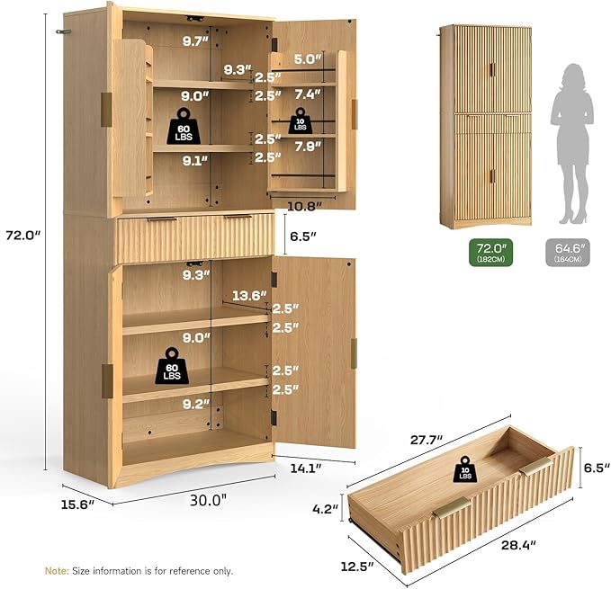Marsail 72" Tall Kitchen Pantry Cabinet, Spacious Storage Cabinet with a Drawer, 4 Adjustable Shelves, 6 Door Shelves, Anti-Tip Safety, Fluted Cabinet for Kitchen, Dining, and Living Room, Natural