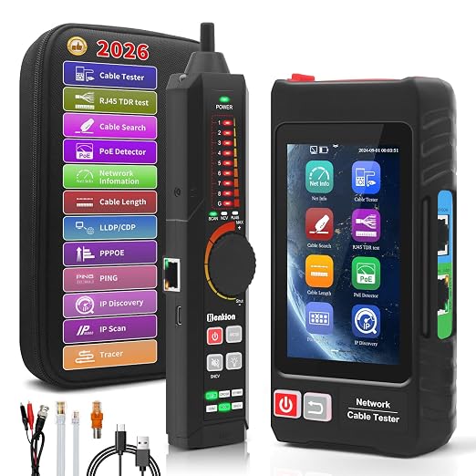 Henkion Multifunction RJ45 Network Caber Tester, 4" IPS Touch Screen UTP Cable Tester,Rechargeable Ethernet Cable Tracer,Support Network Tools,POE++ Detect,Cable Length,RJ45 TDR Test,FTP(LT-600)