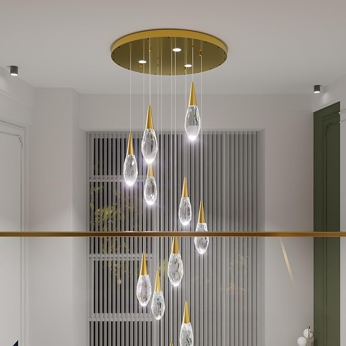 H118 Chandeliers for High Ceiling Gold Modern Crystal Pendant Light 12-Lights Crystal Raindrop Chandelier for Living Room Staircase Villa