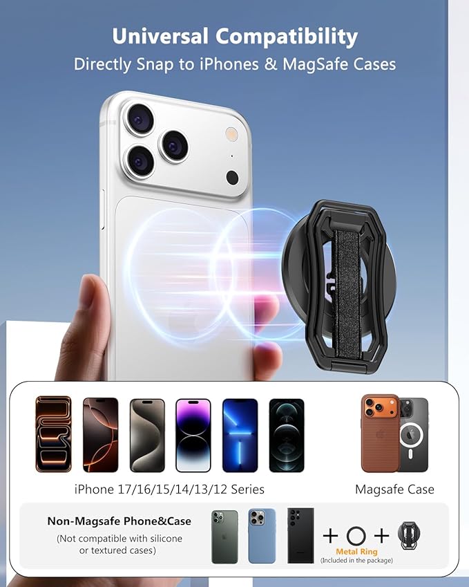 Oerwin for Magsafe Phone Grip Stand, 6-in-1 Magnetic Phone Holder for Magsafe Kickstand, 360° Rotation Phone Ring Holder with Elastic Strap, Compatible with iPhone 17/16/15/14/13/12 Series & Android