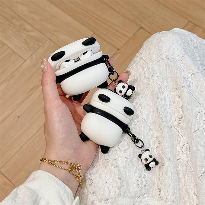 Wireless Charging Earphone Case Compatible with Airpods 4, Cute Animal Lying Panda Design Soft Silicone Full Body Protective Skin Cover, Kids Girls Women Cartoon Earbuds Accessories with Pendant