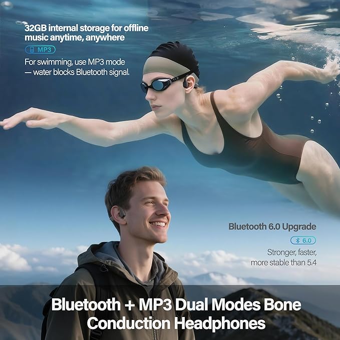 New Bone Conduction Headphones IPX8 Waterproof Swimming Headphones, Open Ear with MP3 Mode, 32GB Memory, 8 Hours Playtime, Bluetooth 6.0 Earbuds with Secure Fit for Running, Fitness, Cycling & Outdoor