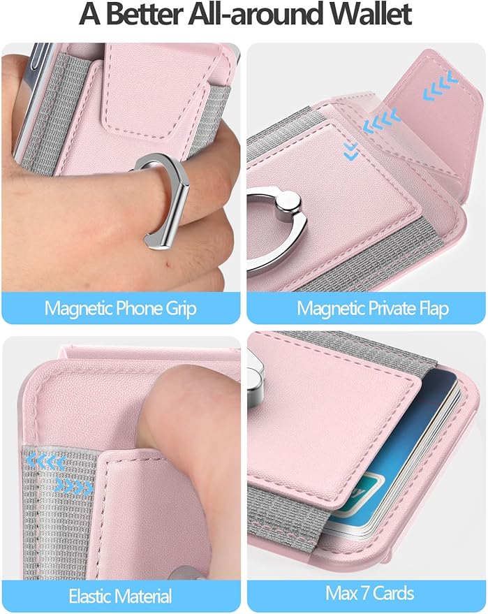 For Magsafe Wallet with Grip, 6-Card Holder, Stronger Magnetic Card Wallet Holder for iPhone 16/15, iPhone 14/13/12 Series, Leather Magnetic Phone Wallet with Privacy Flap, RFID Blocking, Pink