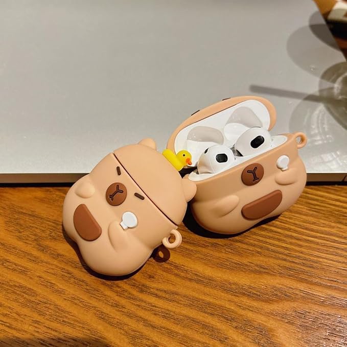 Wireless Charging Earphone Case Compatible with Airpods 4, Cute Animal Kapibala Design Soft Silicone Full Body Protective Skin Cover, Kids Girls Women Cartoon Earbuds Accessories