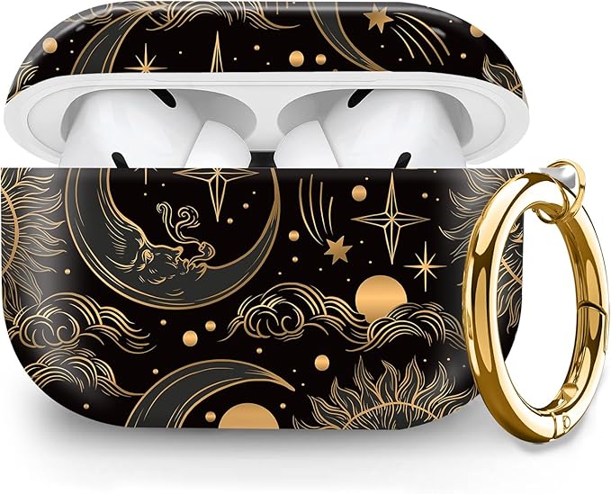Cute Hard Case Compatible with AirPods Pro 2nd/1st Generation, Protective Cover with Golden Keychain, Fits 2023/2022/2019 Models, for Women, Girls, and Men(Moon Sun