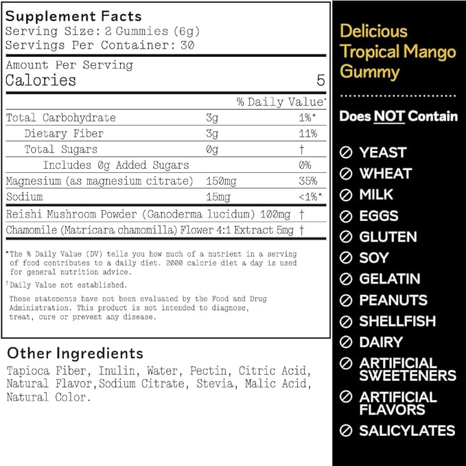 Barker Wellness Magnesium Relax Gummies | Advanced Stress & Muscle Tension Relief | Promotes Calm & Relaxation with Reishi Mushroom & Chamomile | Vegan, Sugar-Free, Tropical Mango | 60 Gummies