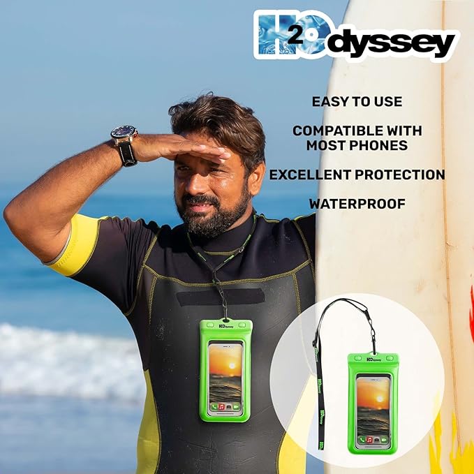 H2ODYSSEY Waterproof Phone Case and Lanyard - Excellent Waterproof Protection - Floats in The Water -Lanyard for Beach Kayak Travel - Universal Size - Green