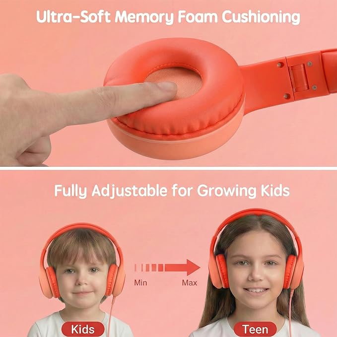 Wired Kids Headphones with USB C Plug, 85dB Safe Volume, Adjustable Headband, Tangle-Free Cord Headphones for School, Tablet, Travel (Coral Red & Soft Peach, Without Microphone)