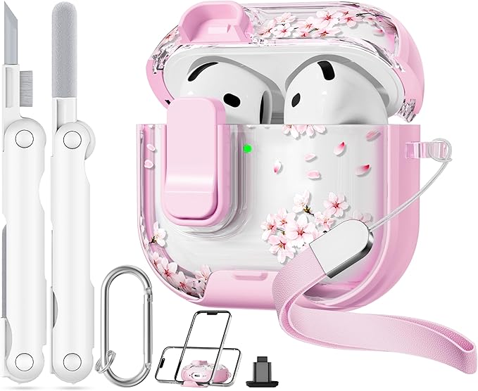 with Safety Lock for Apple AirPods 4 Case,Clear Floral Cute AirPod 4th Generation Case with Phone Stand & Cleaning Kit for Women Girly-Cherry Blossom