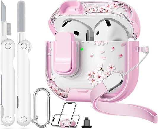 with Safety Lock for Apple AirPods 4 Case,Clear Floral Cute AirPod 4th Generation Case with Phone Stand & Cleaning Kit for Women Girly-Cherry Blossom