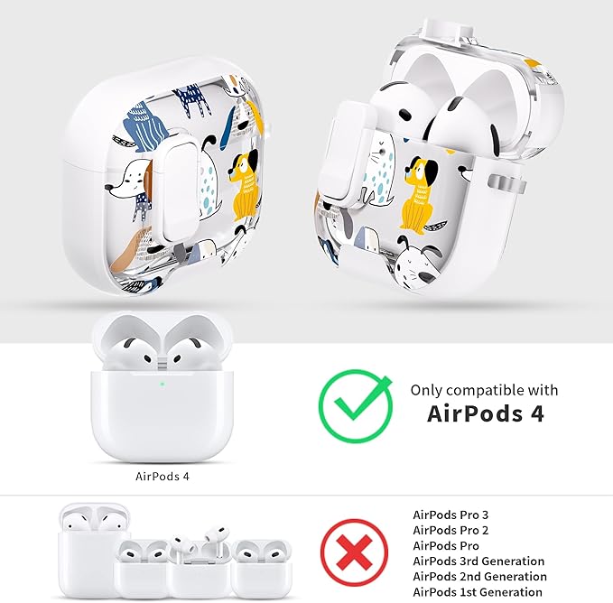 for AirPods 4 Case with Secure Lock Clip in Phone Stand,Floral Girly Style Protective Cover with Cleaning Kit and Hand Strap for Apple AirPod 4 Generation (White Dog)