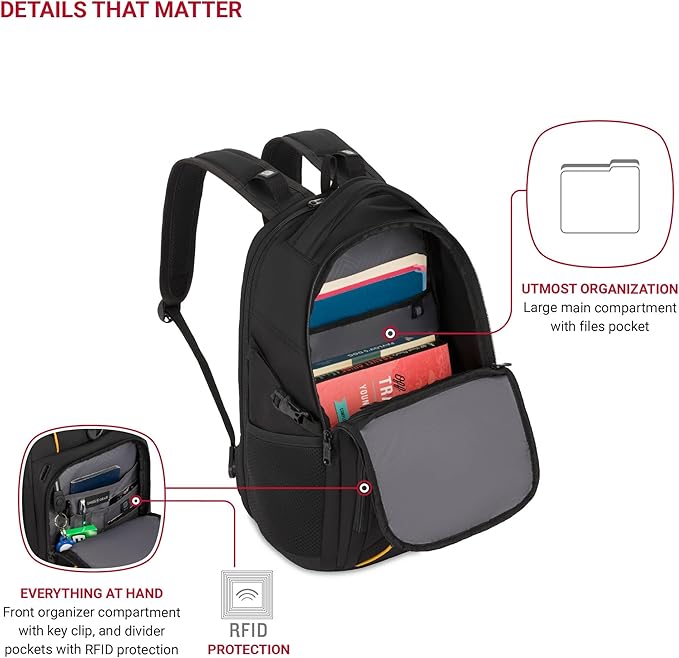 SwissGear 1900 Mini ScanSmart 16-Inch Backpack, Fits Up to 13-Inch Laptop, RFID Protection & ScanSmart TSA-Friendly Compartment, Black/Yellow