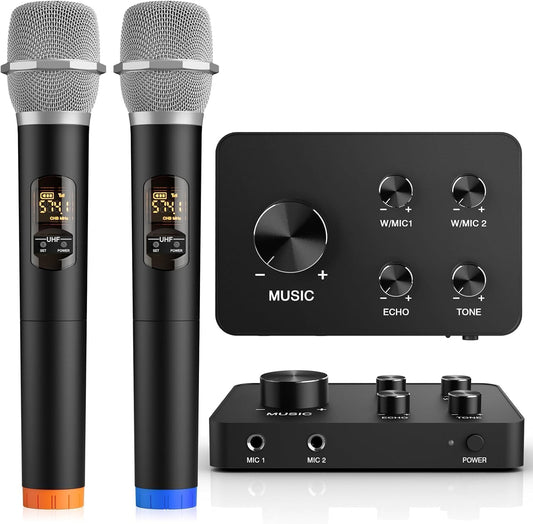 Wireless Karaoke Microphone Mixer System, Dual Handheld Wireless Microphone for Karaoke, Smart TV, PC, Speaker, Amplifier, Church, Wedding - Support HDMI, AUX in/Out
