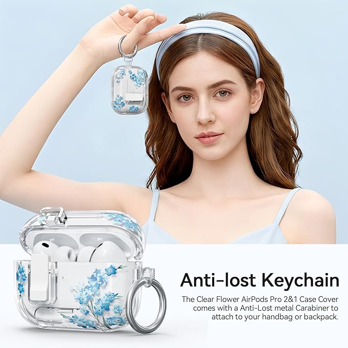 for AirPods Pro 2 Case Cute with Lock, Soft Clear Floral Case Cover for Apple AirPods Pro 2nd/1st Generation for Women Girly with Keychain Ring, with Phone Stand & Cleaning Kit -Blue Flower