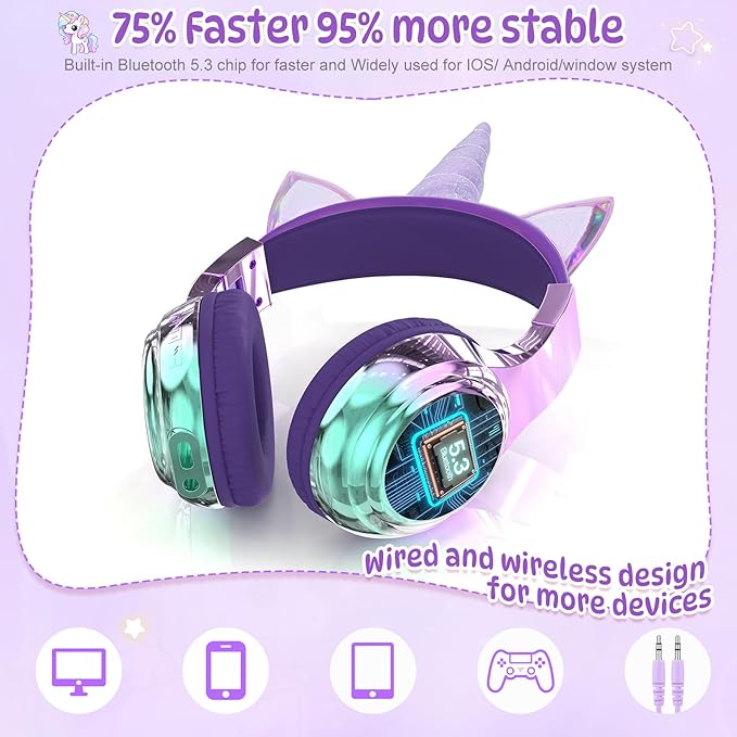 QearFun Kids Unicorn Bluetooth Headphones, 60H Playtime, 74/85/94dB Safe Volume Limit, Metallic Gradient Wireless Headset with Mic, Fast Charging, Foldable, Wired Mode for Girls School/Tablet/Travel