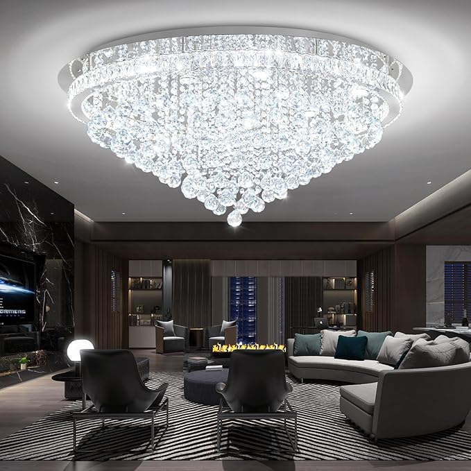 Dia 40" Modern Crystal Chandeliers for Living Room,Silver Large Chandelier Flush Mount Chandeliers for Bedrooms Dining Room Dimmable 2700k 4500k 6000k