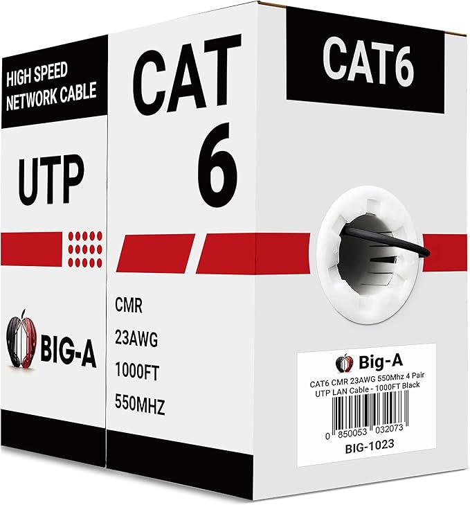 Big-A - Bulk Cat6 Cable 1000ft 23AWG Solid 4 Pair, Cat 6 Ethernet Cable Unshielded Twisted Pair (UTP), (CMR) 550MHz Internet Cable, Pull Box - Black