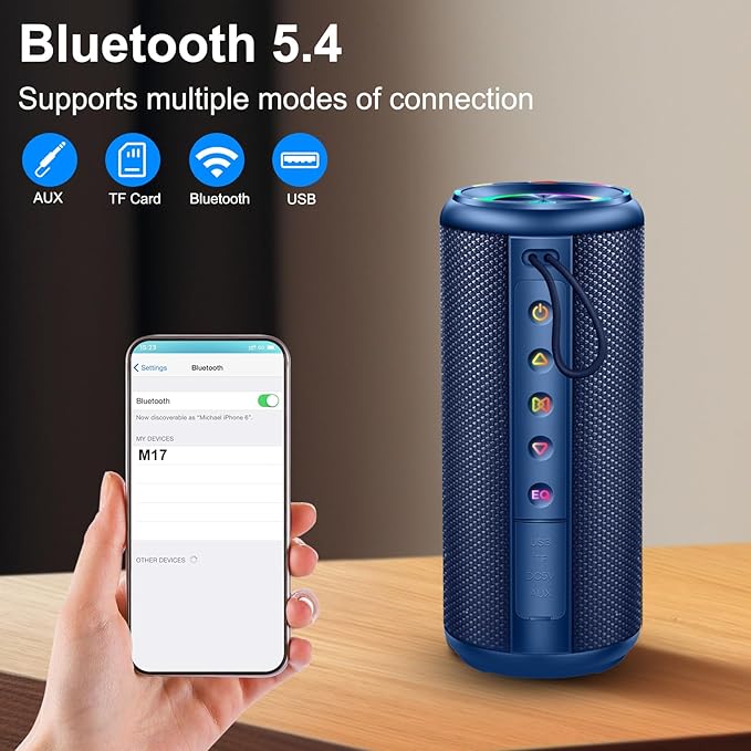 Portable Bluetooth Speaker, Bluetooth 5.4 Wireless Speaker with 20W HD Loud Stereo Sound, 20H Playtime, IP7 Waterproof, LED Lights, TWS Pairing, Built-in Mic, for Outdoor, Party, Home, Gift, Blue
