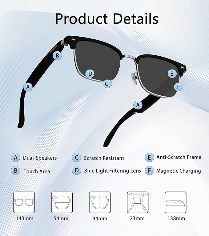 Smart Glasses, Bluetooth 5.4 Sunglasses for Men & Women with Open Ear Speaker, Voice Assistant Compatible, Blue Light Filter & UV Pretection Lenses for Android/iOS, Half Frame Sunglasses, Black