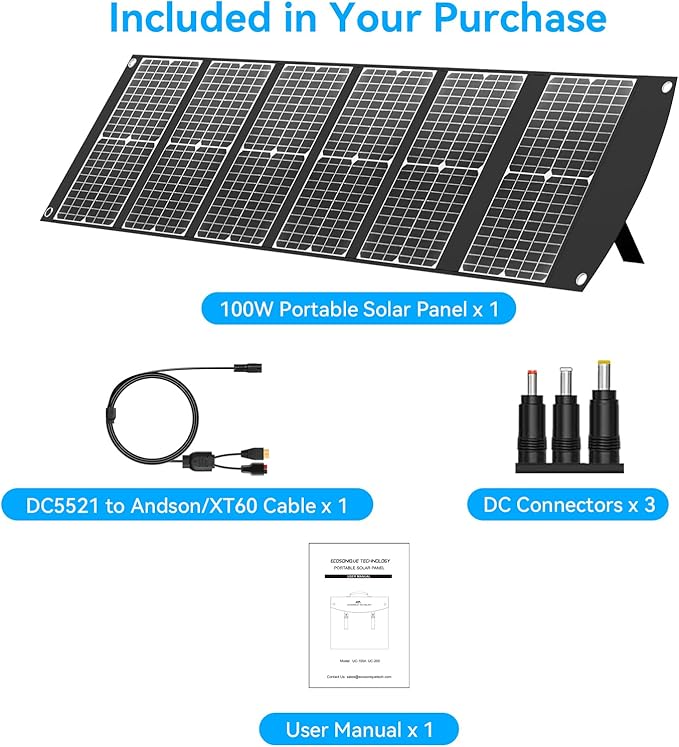 Ecosonique 15W and 100W Portable Solar Panel Foldable Solar Charger with USB-A USB-C Port DC for Camping, Backpacking, and Emergency Power
