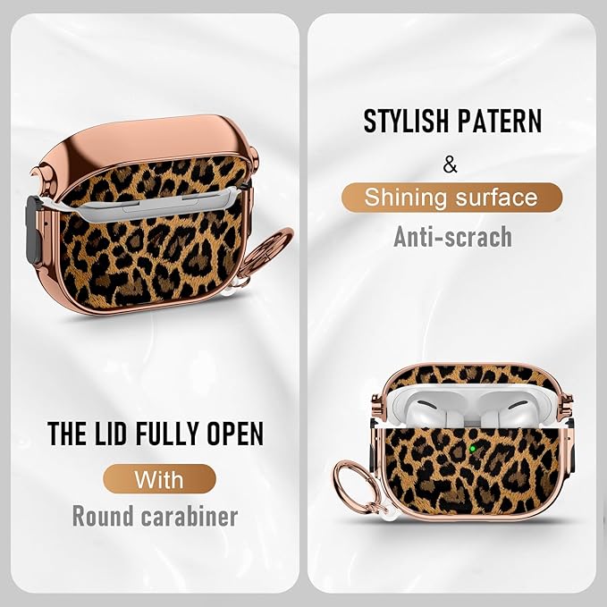 Maxjoy for Cute Airpods Pro 2 case with Safety Lock,Compatible Airpods Pro Case 2nd/1st Gen,for Leopard Print AirPods Case Cover for Women Girly with Keychain-Gold