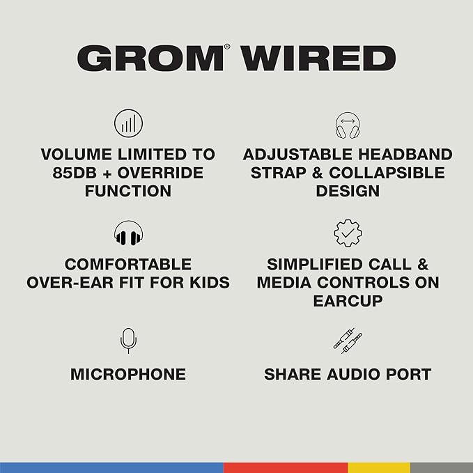 Skullcandy Grom Wired Headphones, Volume-Limiting Audio, Comfortable Over-Ear Fit, Foldable, Designed for Kids 6+, Convenient for Travel with 3.5mm AUX Plug, Built-in Microphone - Surf Blue