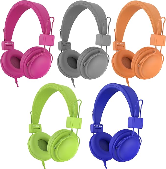 AILIHEN Kids Headphones Wired Bulk 5-Pack for K-6 School & Classroom, with Microphone, 85dB Volume Limit, Shareable, Foldable, 3.5mm Jack for Chromebook, Computer - Dark Color