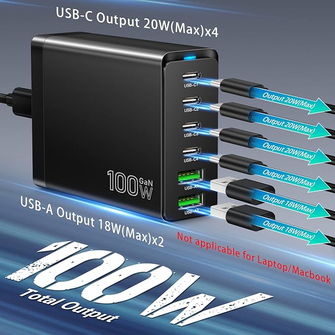 Fast USB C Charging Station, Total 100W 6-Port Charger Block with 4 USB-C and 2 USB-A Ports Quick 3.0 Adapter Work for iPhone 16 15 14 13 Pro Max, iPad, Galaxy, Pixel Portable Multiport Hub (Black)