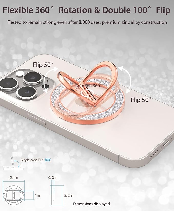 Magnetic Phone Grip | Phone Ring Holder | Stylish Twinkle Transparent with Phone Ring Holder for iPhone, Mag Safe Phone Ring Grip for iPhone & Android, Rosegold