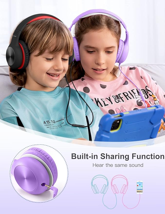 Headphones for Kids for School, Kids Headphones with Microphone, Sharing Function, 85dB/94dB Safe Volume Limit, HD Sound, Over Ear Kid Headphone for School, On-line Study, Travel, Violet