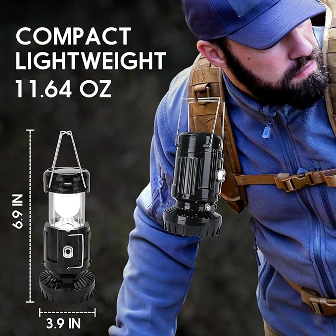 2026 Upgrade Solar Portable Lantern Rechargeable Fan - Collapsible Lightweight LED Camping Lantern for Power Outages Flashlight Survival Kits for Outdoor Tent Emergency Essentials Cool Gifts for Men