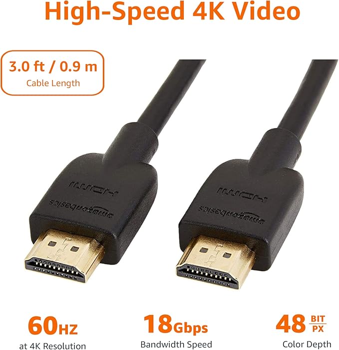 Amazon Basics HDMI Cable, 2-Pack, 3ft, 4K@60Hz, High-Speed 4K HDMI 2.0 Cord for Blu-ray, Ethernet, 2160p, 48 bit, Compatible with TV/PS5/Xbox/Roku, Black