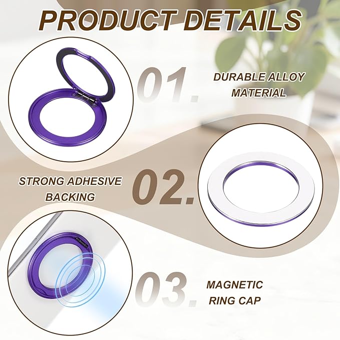 PATIKIL 2Pcs Phone Ring Holder, Metal 360 Rotation Magnetic Phone Grip Holder Stand with Adhesive Backing Smartphone Finger Grip Kickstand for Tablet Case Car Mount Accessory, Purple