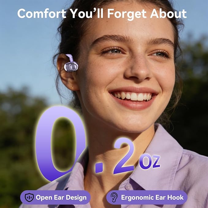 Purple Over Open Ear Earbuds Headphones Bluetooth Wireless Outside Out of Ear Buds Hook for Runners Wrap Around Ears Air Bone Conduction Headsets Workout Sports Eabuds Earphones with Earhooks