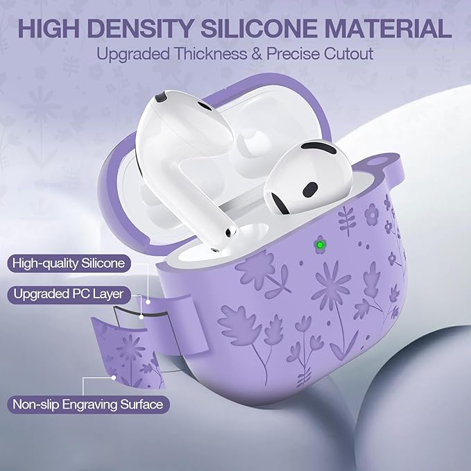 Compatible with AirPods 4th Generation Case Cover with Cleaner Kit, Flower Engraved Silicone Shockproof Protective Skin Cover for AirPods 4 Case 2024 with Keychain, Purple