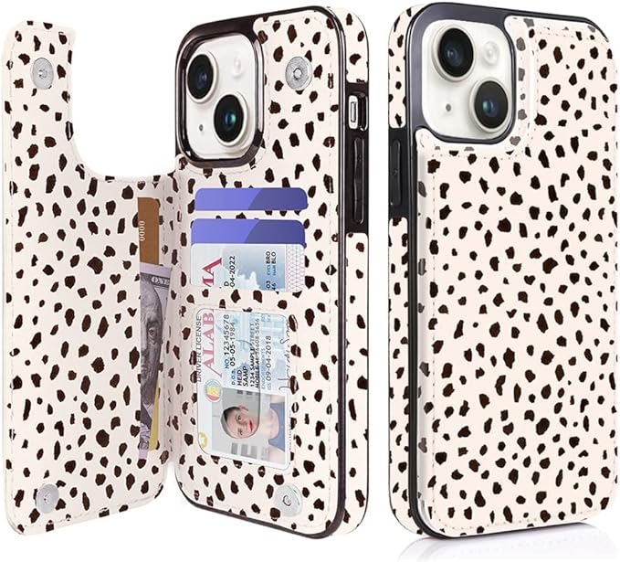 uCOLOR Compatible with iPhone 14/15 Plus 6.7" Wallet Case with Card Holder Slots Folio Flip PU Leather Kickstand Magnetic Clasp and RFID Blocking Cover (Almond Latte Polka Dot)