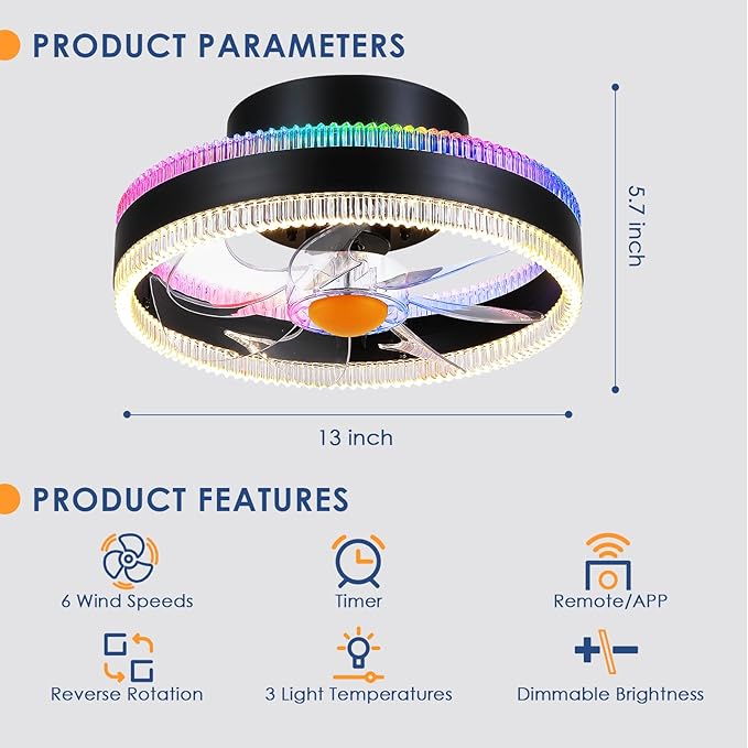 Flush Mount Ceiling Fans with Lights - RGB Low Profile Ceiling Fan,13" Small Dimmable LED Bladeless Ceiling Fans, Modern Enclosed LED-RGB Ambient Light for Bedroom, Kids Room, Party