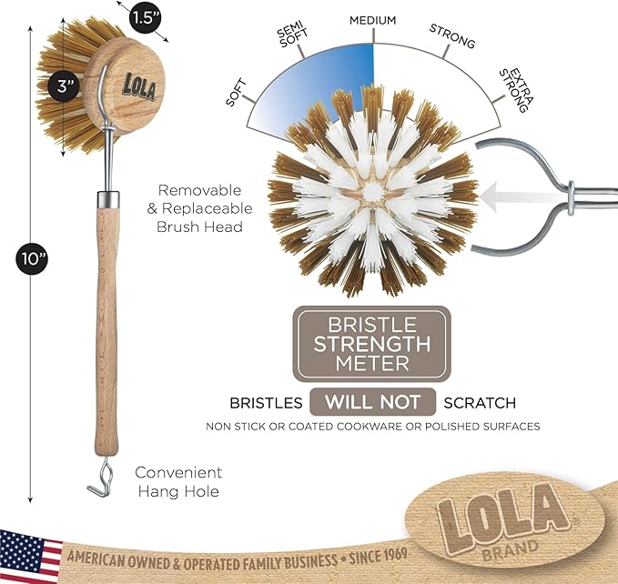 LOLA -The Original - Dishwashing & Vegetable Brush, 144 Pack, Hardwood w/Poly Fiber Bristles, Reusable, Sustainable, Has EZ-Grip Handle