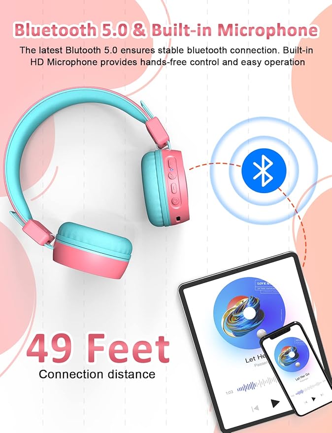 New Bee Kids Headphones Wired for School with Microphone KH20 HD Stereo Safe Volume Limited 85dB/94dB Foldable Lightweight for Girl/Mac/Android/Kindle/Tablet/Pad (Pink)